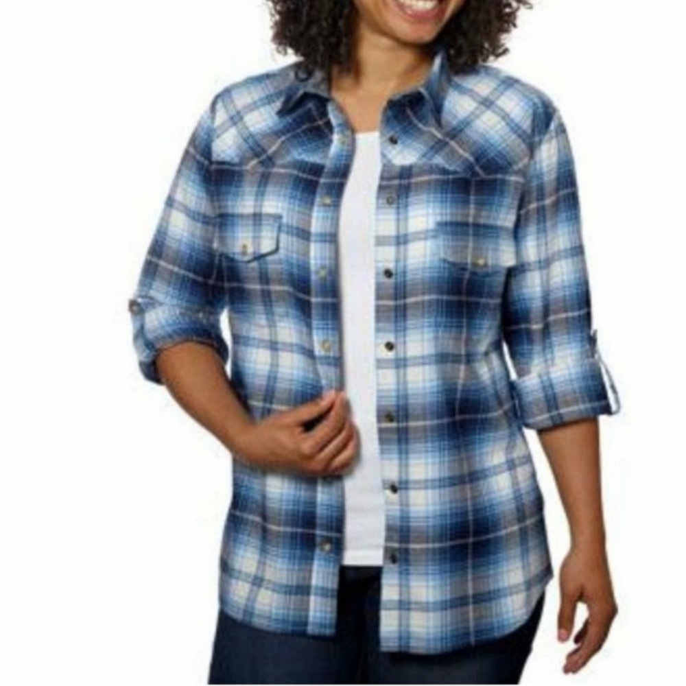 Jachs Girlfriend Blue Plaid Flannel Shirt BEA Fit size Large